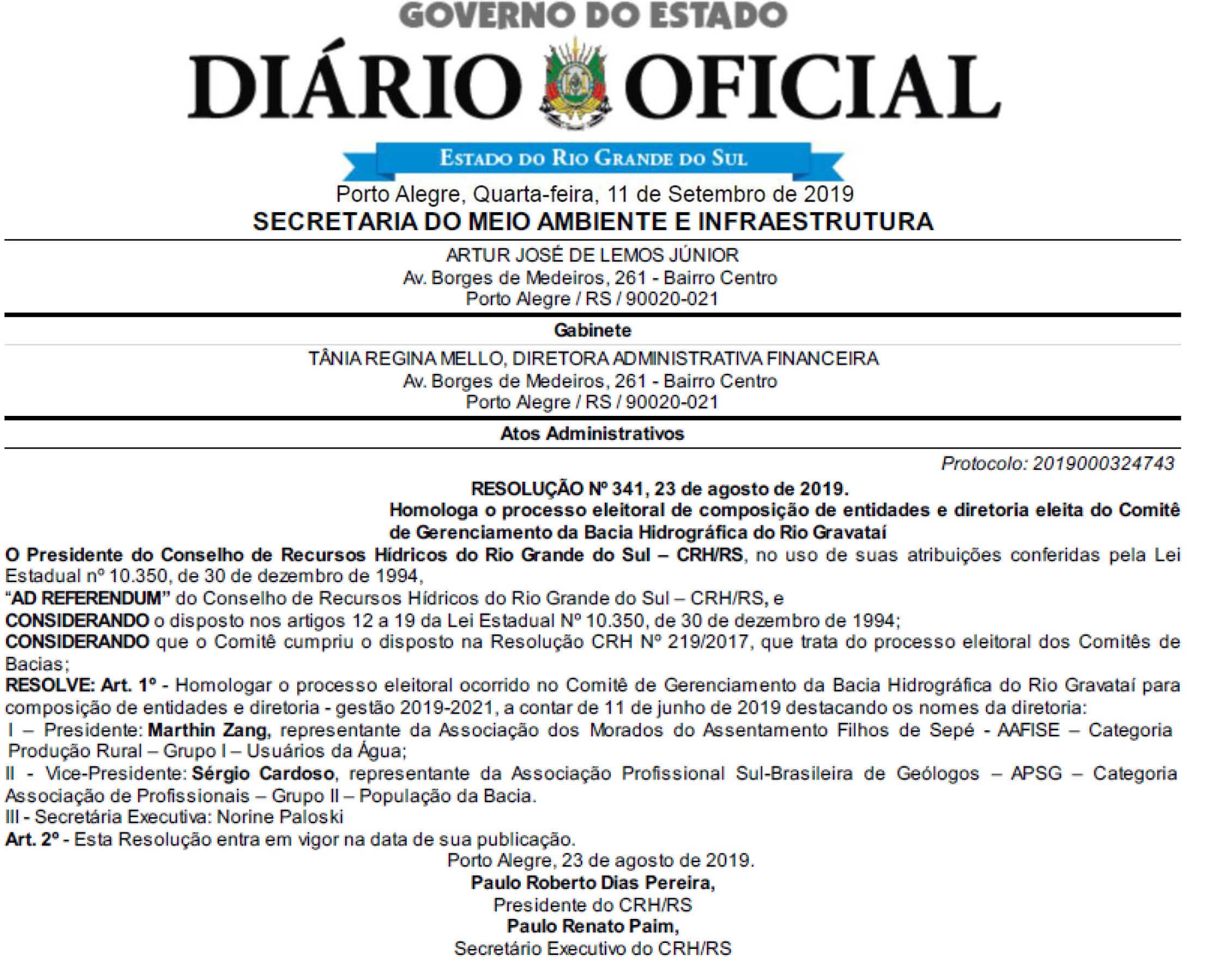 2019 Resolucao CRH 341 Homologa Processo Eleitoral Comp  Ent e Diretoria eleita Comite Rio Gravatai 1109