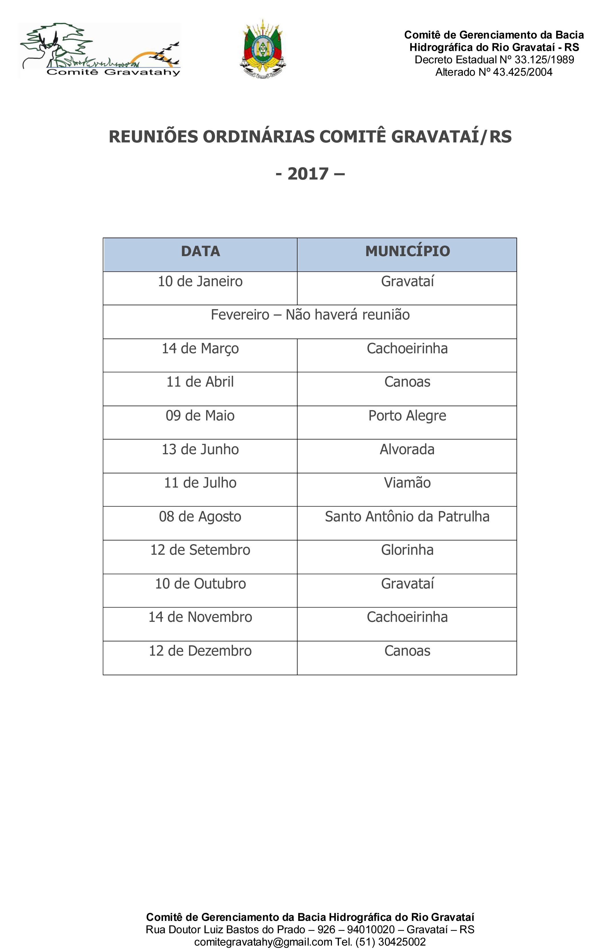 Calendário RO do Comitê Gravataí-2017